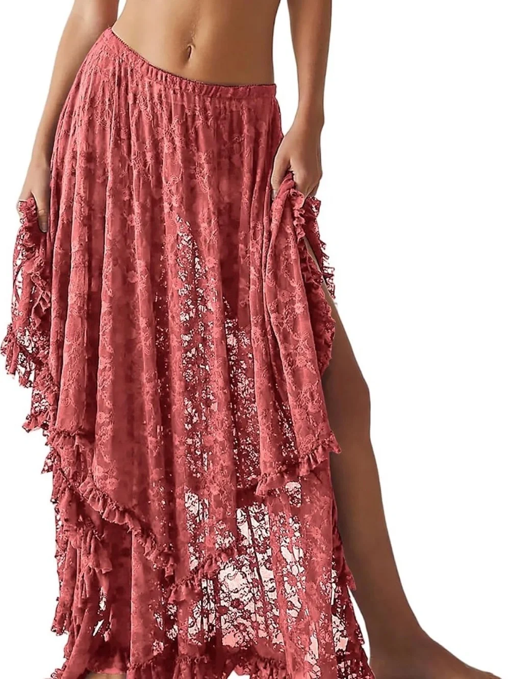Lace Layered Asymmetric Skirt — Rose Dust
